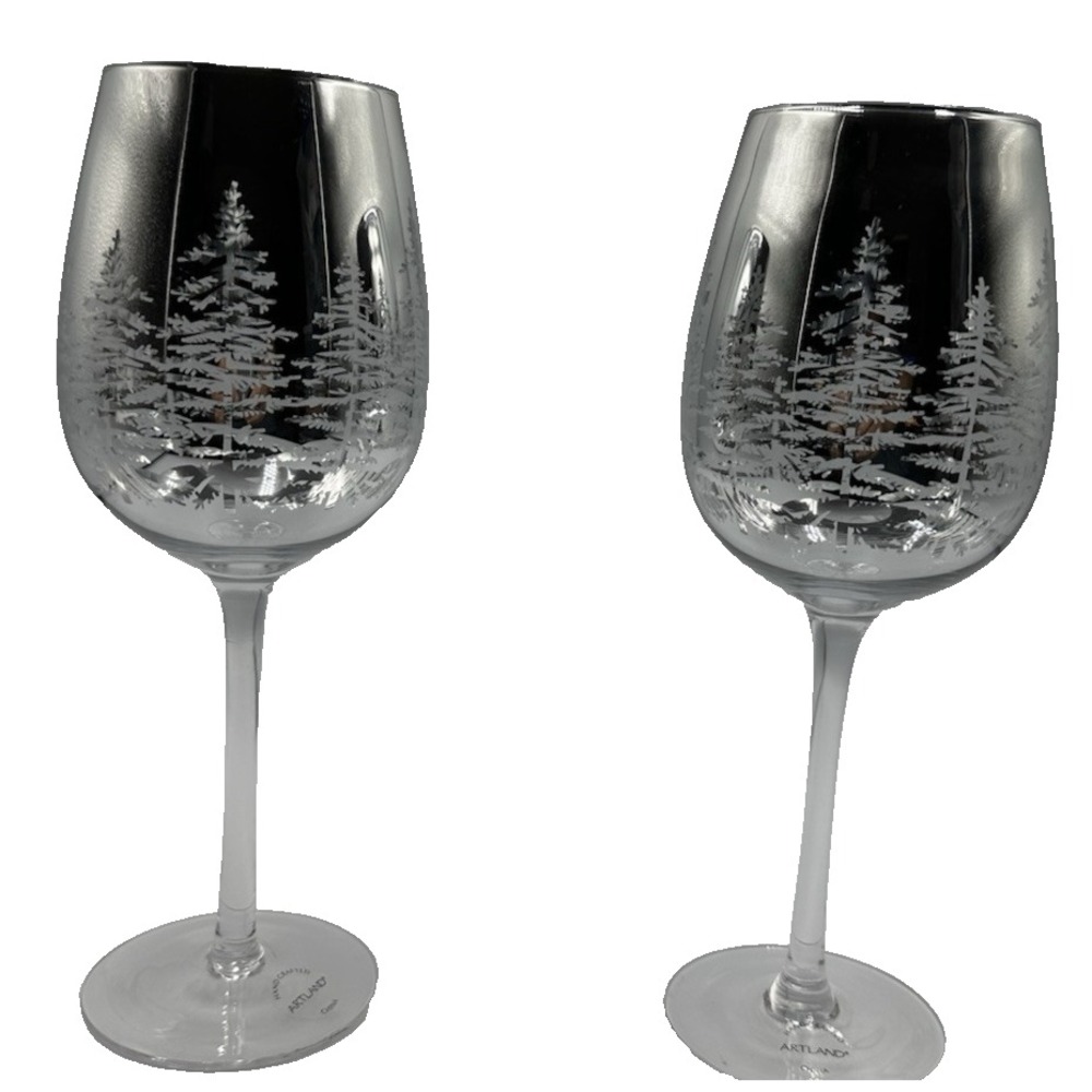 Pair of Artland Handcrafted Glass Wine‎ Glasses with Tree Sillouette Patterns